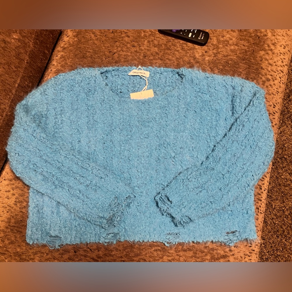 LL* New! Cropped and Distressed Fuzzy Blue Sweater - Picture 2 of 4
